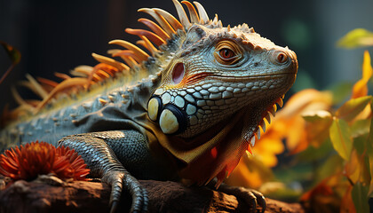 Fototapeta premium A colorful lizard in the wild, its green scales mesmerizing generated by AI