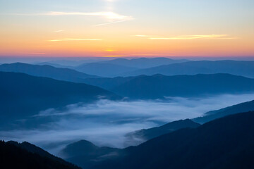 Morning dense fog in the mountainous forest area of ​​the Ukrainian Carpathians. Landscape in nature. Dawn in the mountains
