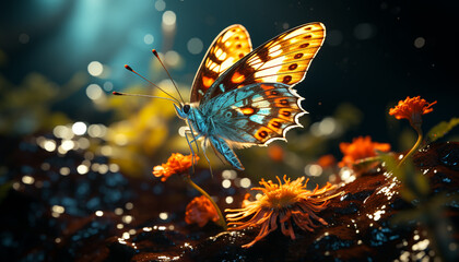 Vibrant butterfly wing showcases nature beauty in multi colored elegance generated by AI