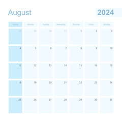 2024 August wall planner in blue color, week starts on Sunday.