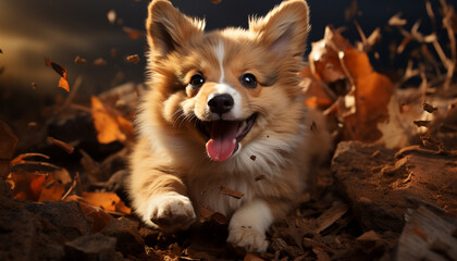 A cute puppy sitting in the autumn forest, looking playful generated by AI