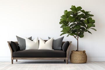 Living room interior with black velvet sofa, pillows, lamp and fiddle leaf tree in wicker basket on white wall background