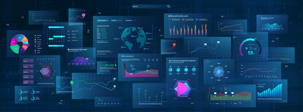 Futuristic cyberspace with UI, HUD interface. Modern Business Background with graphic, chart, infographic, big data and indicators. Business HUD display. Economic background. Diagram Analysis. Vector