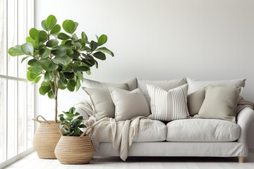 Living room interior with silver velvet sofa, pillows, and leaf tree in wicker basket on white wall background. - obrazy, fototapety, plakaty