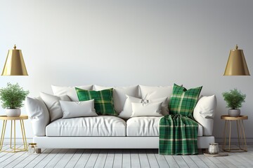 Living room interior with white velvet sofa, green pillows, and leaf tree in wicker basket on white wall background.