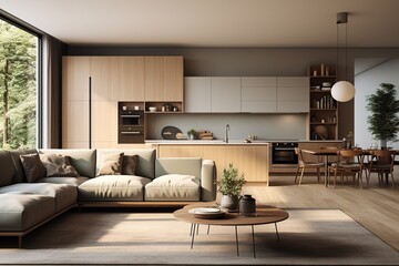 Modern compact living room with kitchen