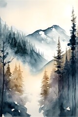 foggy winter mountains watercolor soft subtle colors winter forest morning 