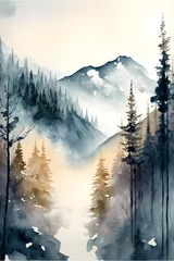 Papier Peint photo autocollant Forêt dans le brouillard foggy winter mountains watercolor soft subtle colors winter forest morning 