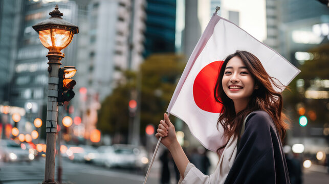 Generative AI, cute beautiful young Japanese woman holding the flag of Japan in her hands against the background of the street of Tokyo, symbol of Japan, Nihon, national flag, red circle on white