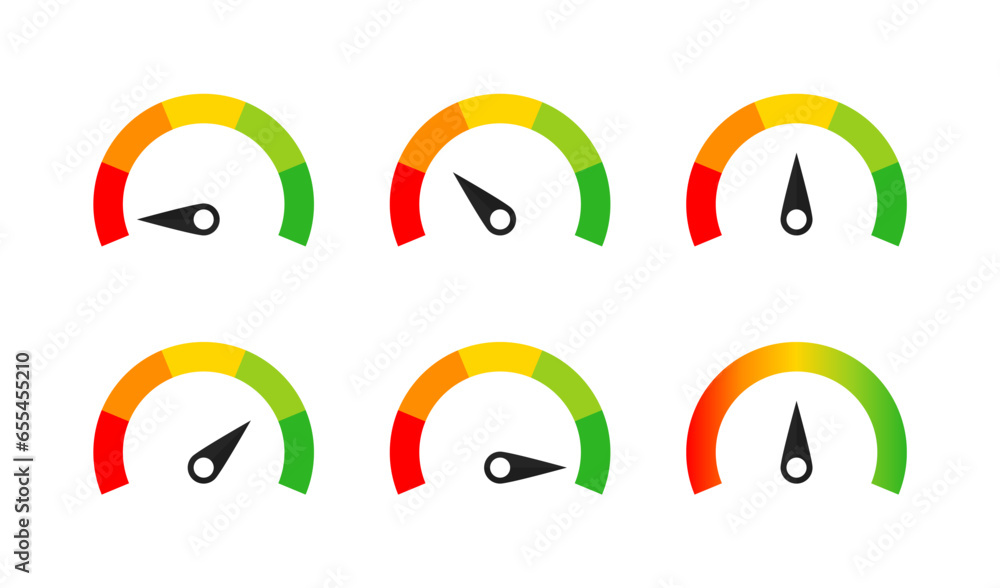 Aufkleber Dashboard speedometer icons set. Tachometer icon collection. Performance indicator signs. Feedback Rating meter, level scale speed icon in flat style. Fast internet speed sign. vector elements