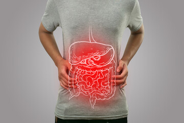 Digital composition of internal digestive system with highlighted red inflammation on sick person,...