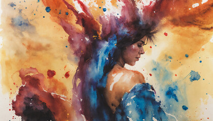 Vibrant Watercolor: Woman Emerging from Blots