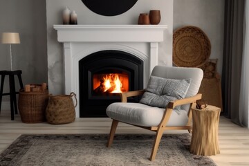 beautiful fireplace, armchair and ottoman in living room. Interior design. generative ai.