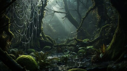 A close-up of dew-covered spiderwebs in a mystical forest setting.