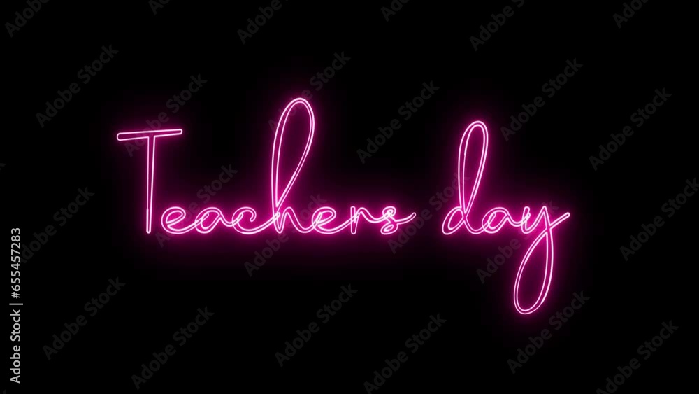 Poster teachers day text font with neon light. luminous and shimmering haze inside the letters of the text 