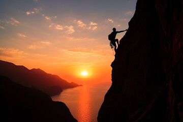 Generative AI illustration of side view of active climber hanging on mountain holding on to slope in warm light of sunset
