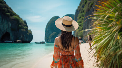 Fototapeta na wymiar Young Woman Walking on Thailand Beach