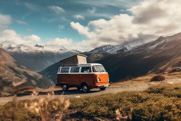 Generative AI illustration of retro van parked on roadside in forest with tall coniferous trees against sunset sky in nature