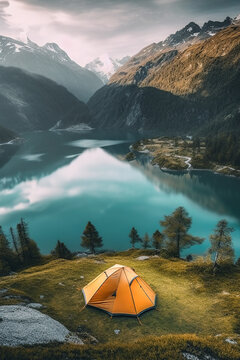 Generative AI illustration of scenic view of camping tent placed on rocky hill near lake and surrounded by green trees mountains in daylight