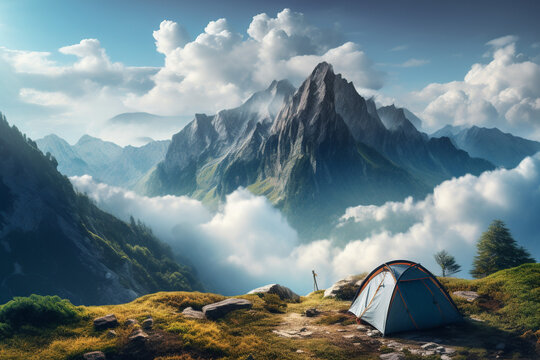 Generative AI illustration of a tent pitched on a campsite surrounded by mountains on a foggy day