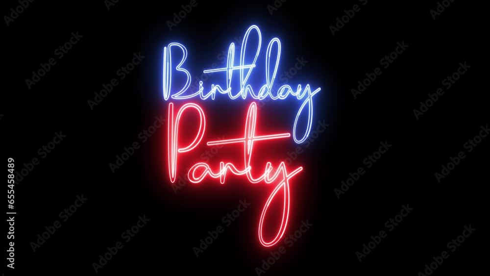 Poster birthday party text font with neon light. luminous and shimmering haze inside the letters of the tex