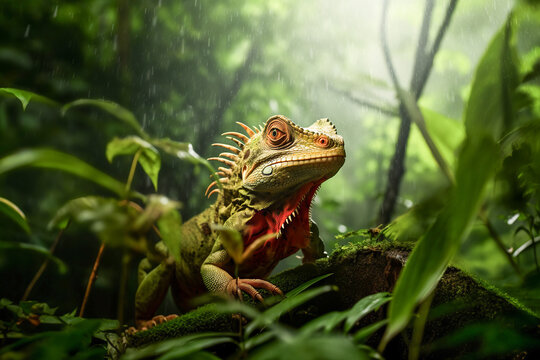 Generative AI illustration of closeup muzzle of exotic iguana lizard with yellow crest hiding in lush greenery looking away