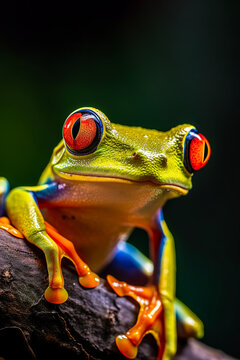 Generative AI illustration of closeup of vivid multicolored frog sitting on branch in wild nature while looking at camera