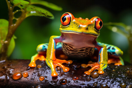 Generative AI illustration of closeup of vivid multicolored frog sitting on branch in wild nature while looking at camera