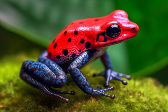 Generative AI illustration of closeup of vivid multicolored strawberry poison dart frog sitting on green moss in wild nature
