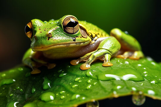 Generative AI illustration of closeup of vivid green frog sitting on wet leaf in wild nature while looking at camera