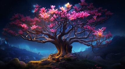 A majestic neon magnolia tree in full bloom. - obrazy, fototapety, plakaty