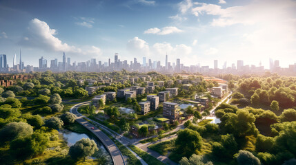 Generative AI image of cityscape with skyscrapers and architecture of residential buildings with road green trees in daylight against cloudy blue sky
