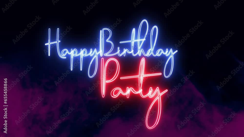 Poster happy birthday party text font with neon light. luminous and shimmering haze inside the letters of t