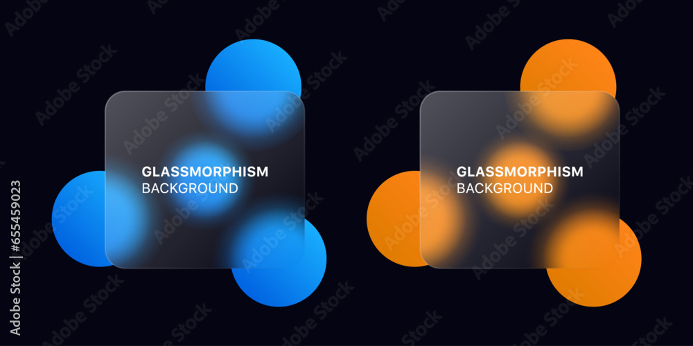 Poster glassmorphism background banner with transparent glass frame template . Realistic Frosted glass morphism effect with blurred abstract gradient orange blue circle shapes. Vector illustration