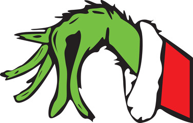 Green hand with long coat Christmas coat with Christmas and Santa Claus motif.