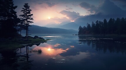Fototapeta na wymiar A serene moonrise casting its glow over a tranquil lake.