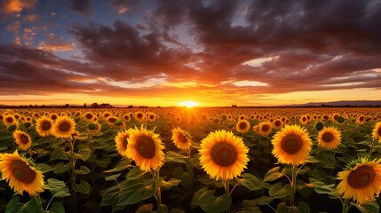 A sunflower field in full bloom beneath a cloudy sky.