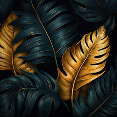 Tropical exotic pattern with shiny golden palm leaves on dark black background.