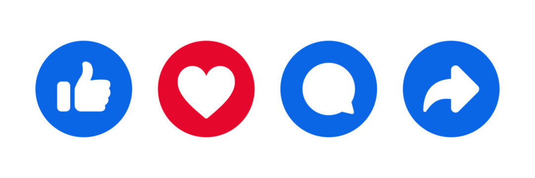 Like, comment, share icon buttons and Thumbs up and love heart flat icon in modern circle shapes , Social media notification icons. emoji post reactions set. Vector illustration