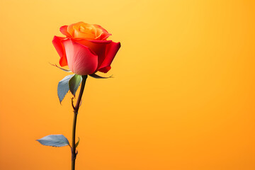 Obraz premium Single red rose, A vibrant red rose in the bottom left corner, a gradient of warm orange and yellow. 
