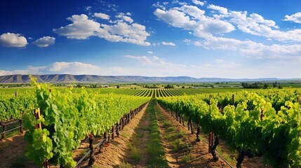 A vineyard stretching as far as the eye can see, with orderly rows of grapevines.