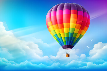 Fototapeta premium Hot air balloon in sky, A colorful hot air balloon taking flight , bright and cheerful rainbow gradient.