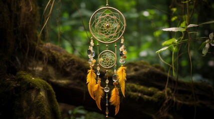 Envision a dreamcatcher adorned with citrine and quartz crystals, hanging gracefully against a lush forest background. - obrazy, fototapety, plakaty