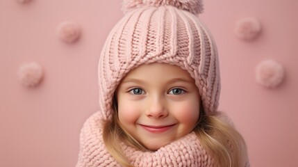 Portrait of cute young girl with blonde hair smiling and wearing pink winter beanie hat and scarf - obrazy, fototapety, plakaty