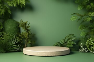 Wood podium presentation mock up for product presentation on green wall.3d rendering. generative ai.