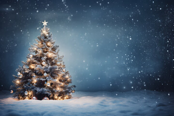 Christmas tree on snow  wallpaper, A beautifully decorated Christmas tree with ornaments and lights, magical and wintery wonderland. 