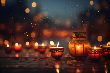A lantern-lit scene of Diwali celebrations, warm and radiant festival of lights, Deewali festival, Rangoli 
