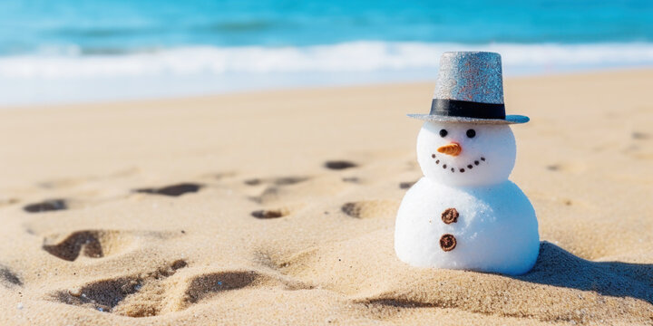 A cute Joyful  snowman on the beach in bright sunlight, with the sea or ocean in the background. Merry Christmas time, greeting Card. Beach Christmas Vacation without Snow