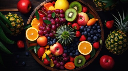 top view photography of fruits in plate