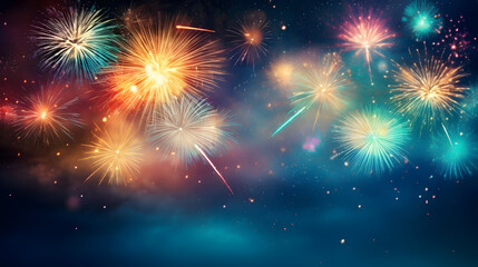 Naklejka premium A dynamic burst of colorful fireworks against a twilight sky, symbolizing joy and celebration, fireworks on the night sky